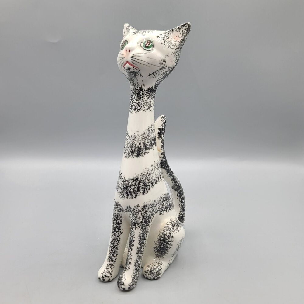 Vintage Italian Pottery 7.5” Long Neck Cat Hand Painted Green Eyes Italy READ